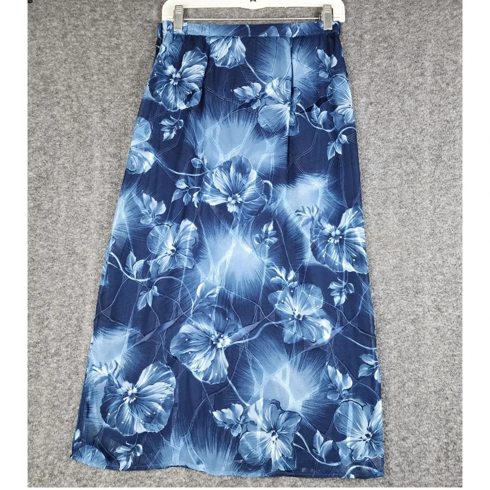 Sag Harbor Maxi Skirt Womens 6P Blue Floral Rhinestone Textured‎ Chiffon Lined